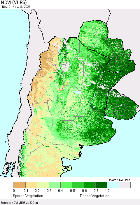 Southern South America NDVI (VIIRS) Thematic Map For 11/9/2023 - 11/16/2023