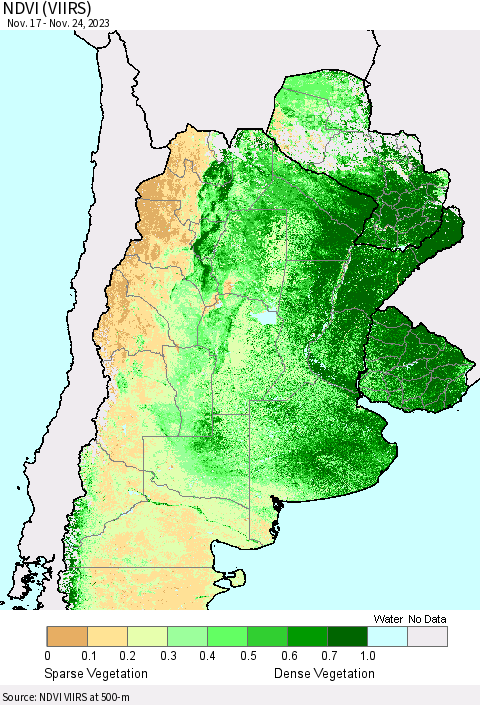 Southern South America NDVI (VIIRS) Thematic Map For 11/17/2023 - 11/24/2023