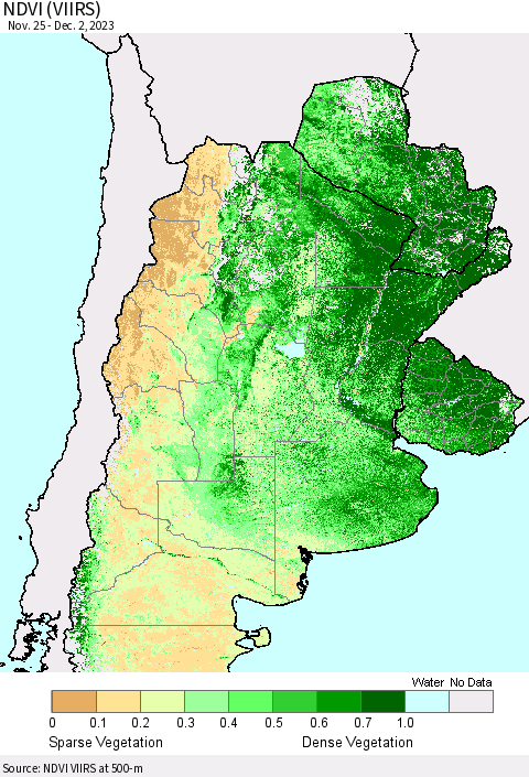 Southern South America NDVI (VIIRS) Thematic Map For 11/25/2023 - 12/2/2023