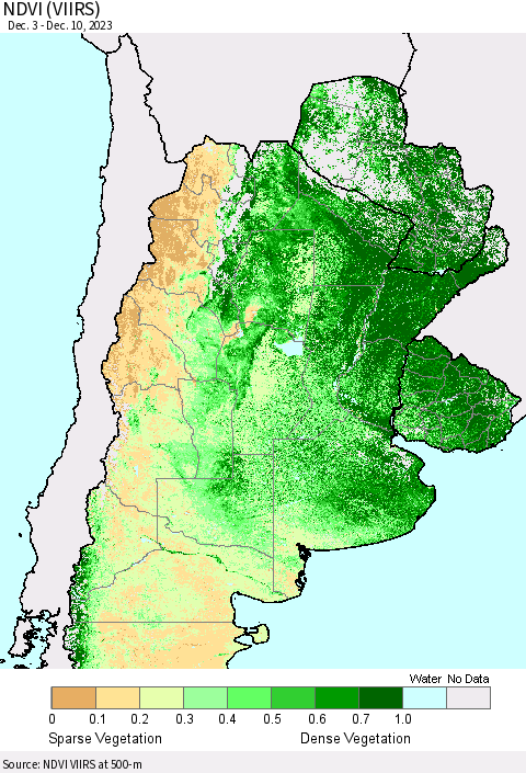 Southern South America NDVI (VIIRS) Thematic Map For 12/3/2023 - 12/10/2023