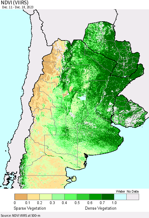 Southern South America NDVI (VIIRS) Thematic Map For 12/11/2023 - 12/18/2023