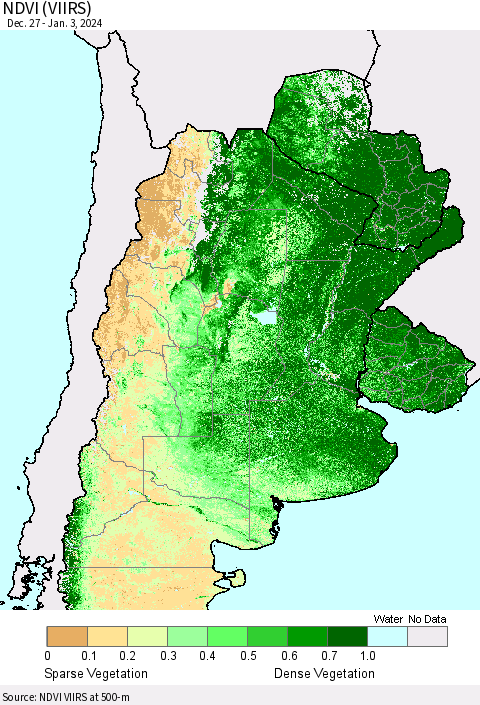 Southern South America NDVI (VIIRS) Thematic Map For 12/27/2023 - 1/3/2024