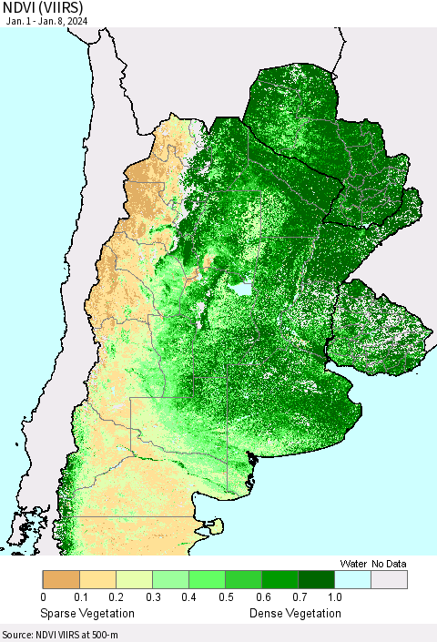 Southern South America NDVI (VIIRS) Thematic Map For 1/1/2024 - 1/8/2024