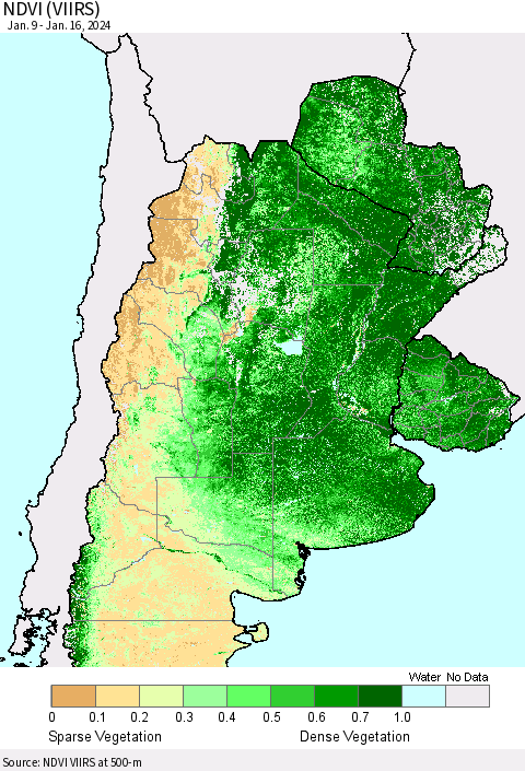 Southern South America NDVI (VIIRS) Thematic Map For 1/9/2024 - 1/16/2024