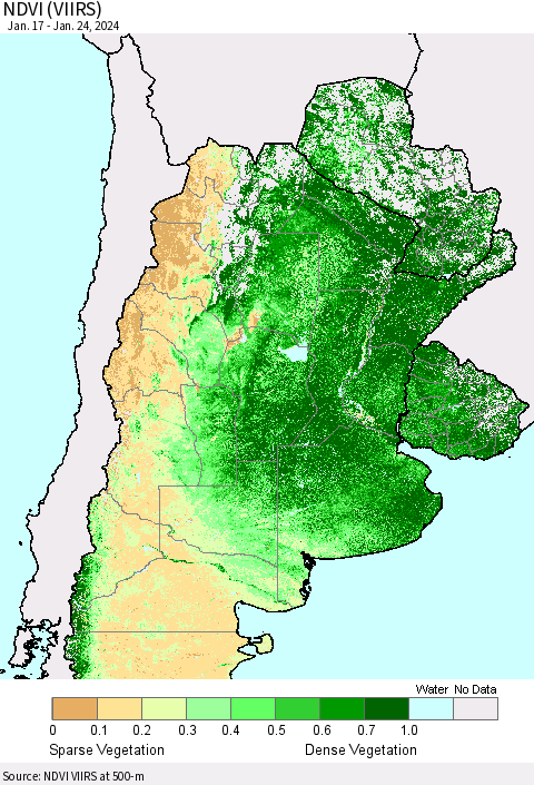 Southern South America NDVI (VIIRS) Thematic Map For 1/17/2024 - 1/24/2024
