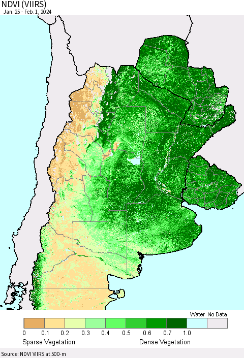Southern South America NDVI (VIIRS) Thematic Map For 1/25/2024 - 2/1/2024
