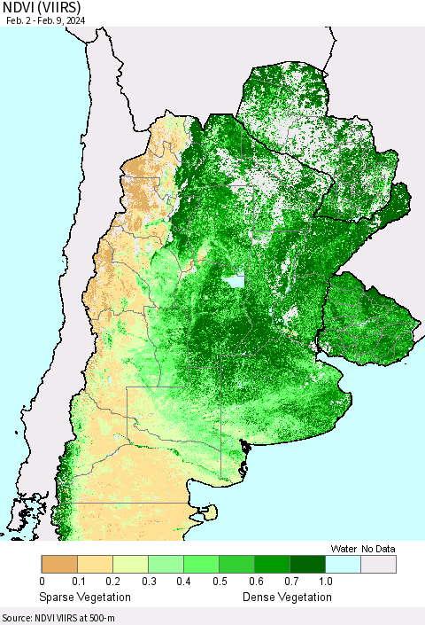 Southern South America NDVI (VIIRS) Thematic Map For 2/2/2024 - 2/9/2024