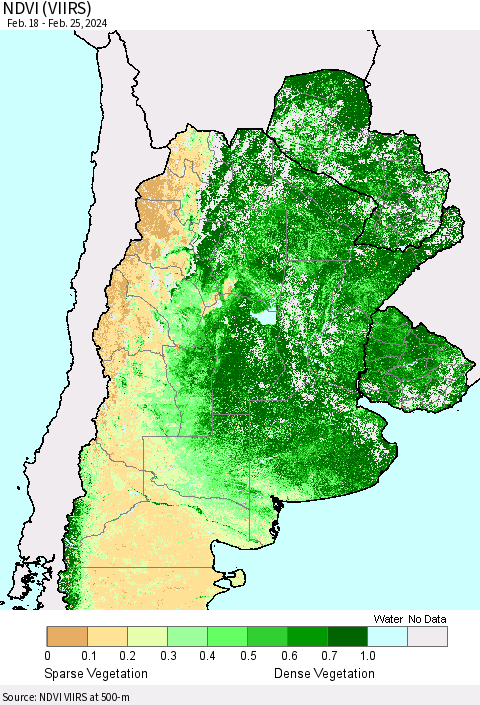Southern South America NDVI (VIIRS) Thematic Map For 2/18/2024 - 2/25/2024