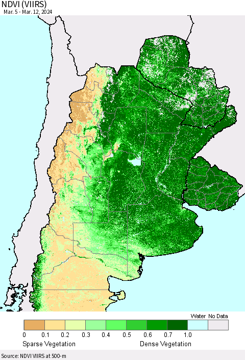 Southern South America NDVI (VIIRS) Thematic Map For 3/5/2024 - 3/12/2024