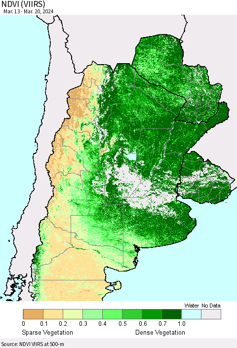 Southern South America NDVI (VIIRS) Thematic Map For 3/13/2024 - 3/20/2024