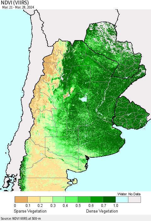 Southern South America NDVI (VIIRS) Thematic Map For 3/21/2024 - 3/28/2024