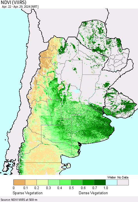 Southern South America NDVI (VIIRS) Thematic Map For 4/22/2024 - 4/29/2024