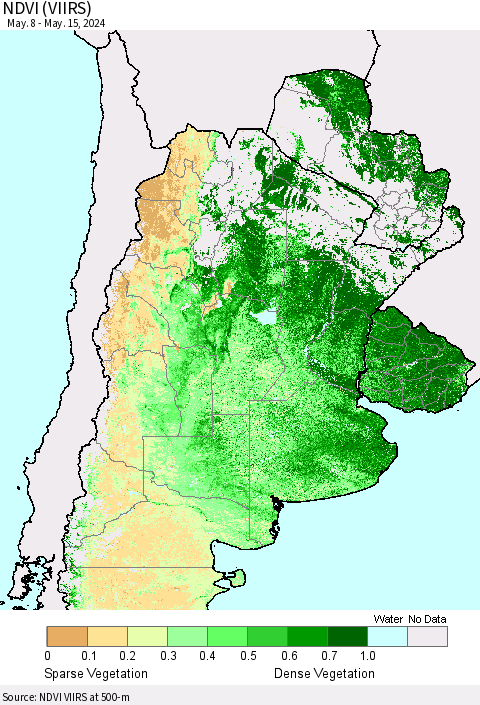 Southern South America NDVI (VIIRS) Thematic Map For 5/8/2024 - 5/15/2024
