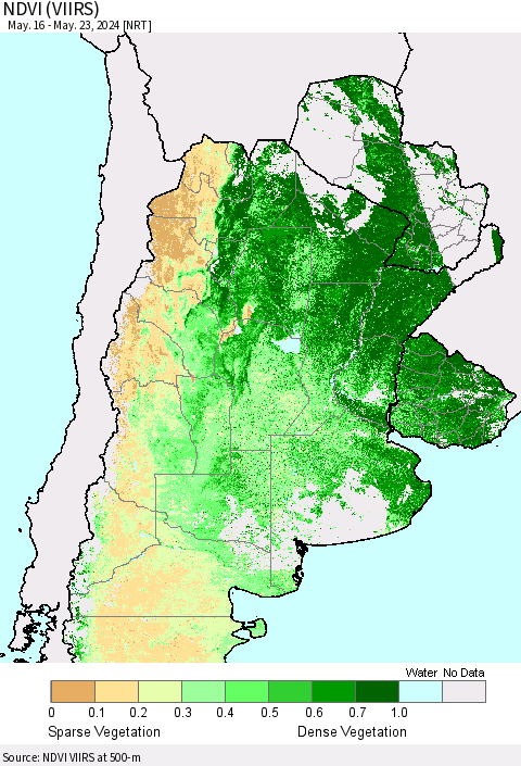 Southern South America NDVI (VIIRS) Thematic Map For 5/16/2024 - 5/23/2024