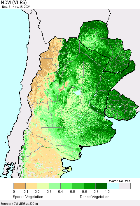 Southern South America NDVI (VIIRS) Thematic Map For 11/8/2024 - 11/15/2024