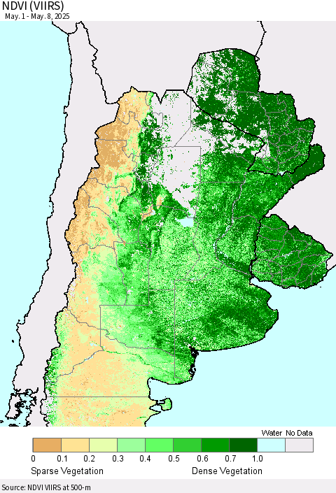 Southern South America NDVI (VIIRS) Thematic Map For 5/1/2025 - 5/8/2025