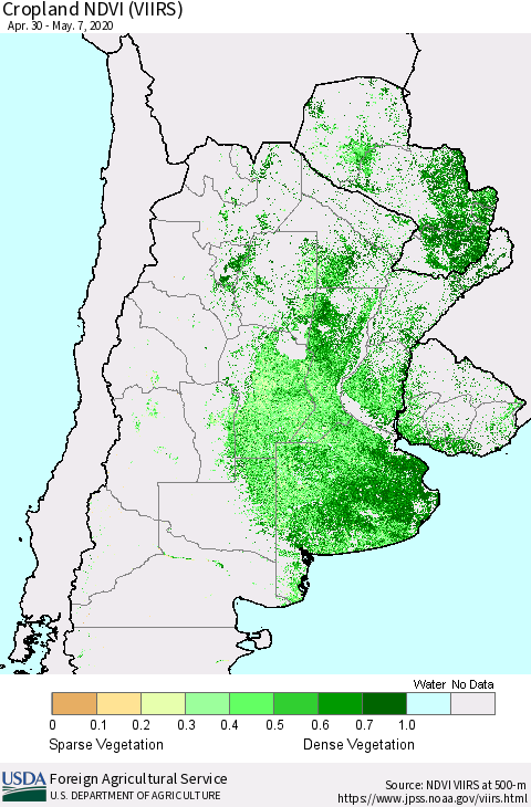 Southern South America Cropland NDVI (VIIRS) Thematic Map For 5/1/2020 - 5/10/2020