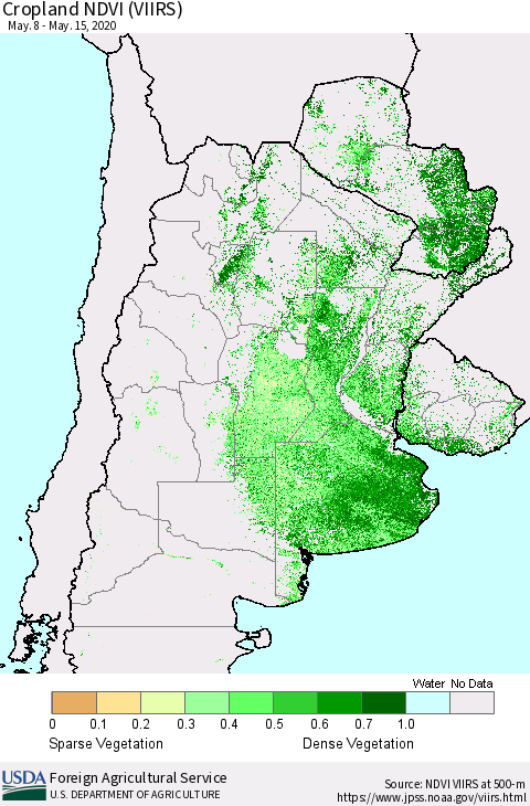 Southern South America Cropland NDVI (VIIRS) Thematic Map For 5/11/2020 - 5/20/2020