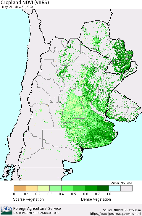 Southern South America Cropland NDVI (VIIRS) Thematic Map For 5/21/2020 - 5/31/2020