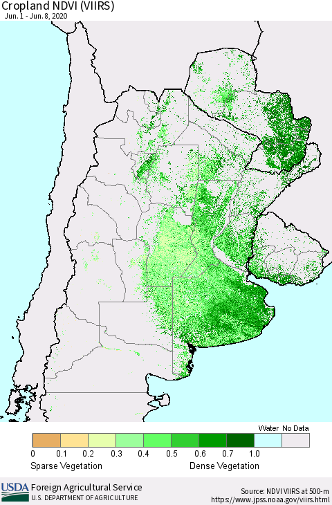 Southern South America Cropland NDVI (VIIRS) Thematic Map For 6/1/2020 - 6/10/2020