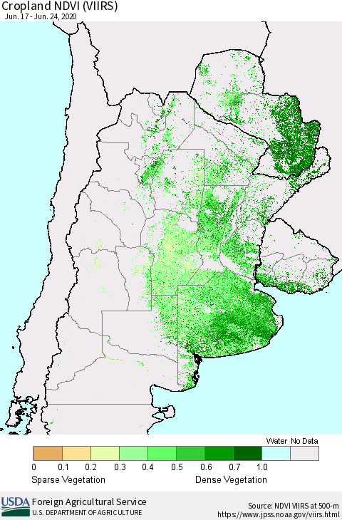 Southern South America Cropland NDVI (VIIRS) Thematic Map For 6/21/2020 - 6/30/2020