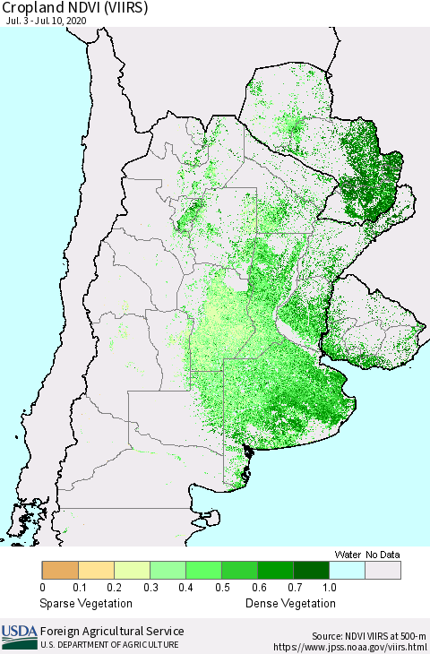 Southern South America Cropland NDVI (VIIRS) Thematic Map For 7/1/2020 - 7/10/2020