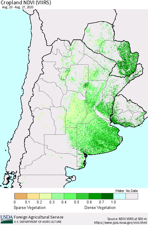 Southern South America Cropland NDVI (VIIRS) Thematic Map For 8/21/2020 - 8/31/2020