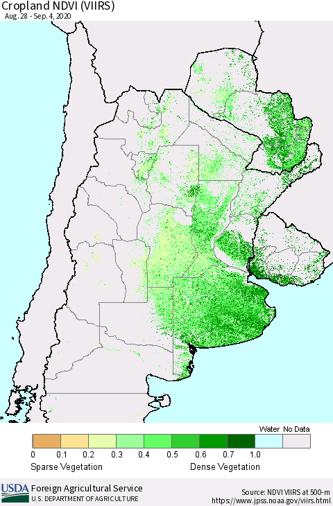 Southern South America Cropland NDVI (VIIRS) Thematic Map For 9/1/2020 - 9/10/2020