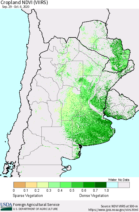 Southern South America Cropland NDVI (VIIRS) Thematic Map For 10/1/2020 - 10/10/2020