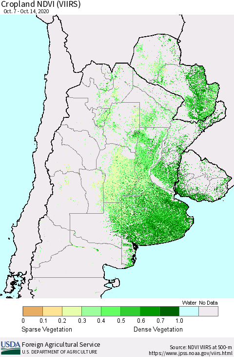 Southern South America Cropland NDVI (VIIRS) Thematic Map For 10/11/2020 - 10/20/2020