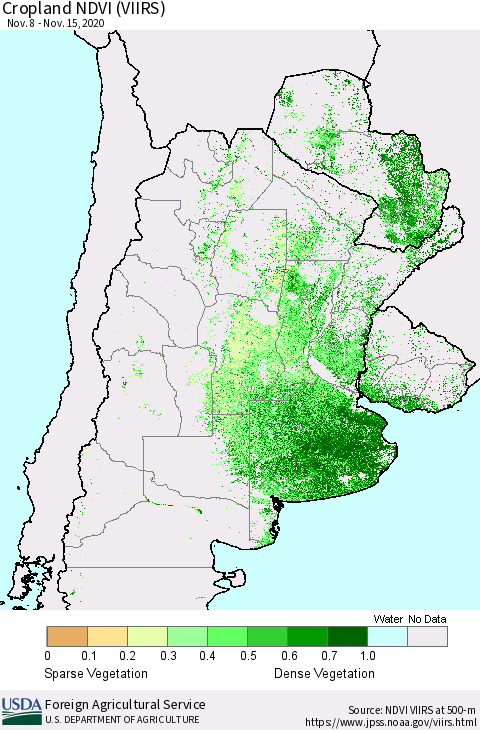Southern South America Cropland NDVI (VIIRS) Thematic Map For 11/11/2020 - 11/20/2020