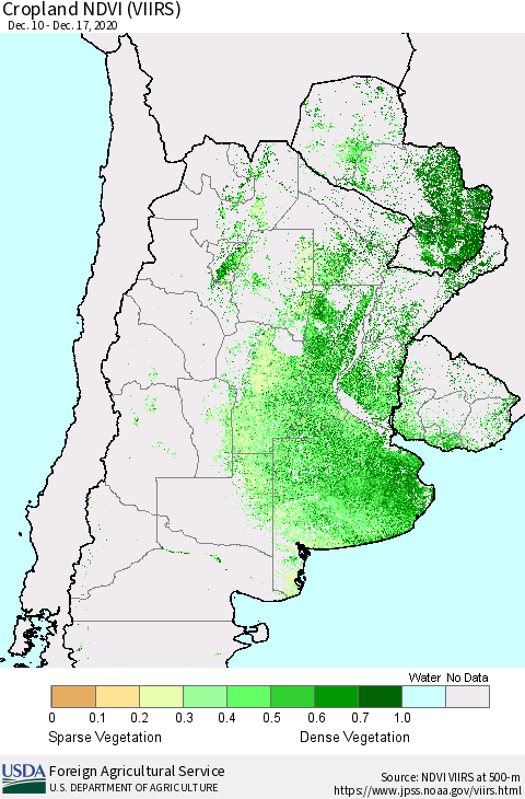 Southern South America Cropland NDVI (VIIRS) Thematic Map For 12/11/2020 - 12/20/2020