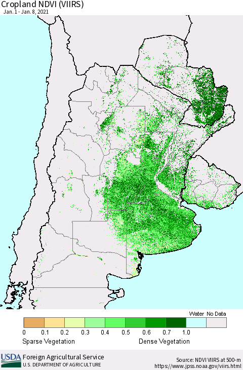 Southern South America Cropland NDVI (VIIRS) Thematic Map For 1/1/2021 - 1/10/2021