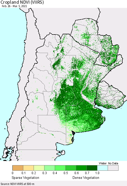 Southern South America Cropland NDVI (VIIRS) Thematic Map For 2/26/2021 - 3/5/2021