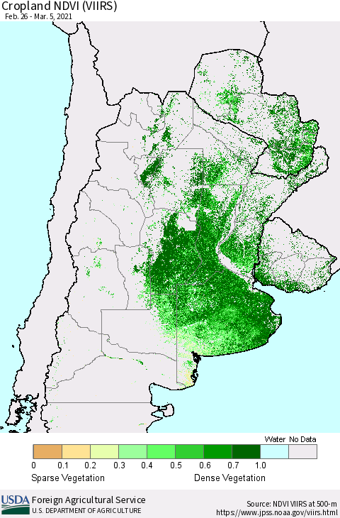 Southern South America Cropland NDVI (VIIRS) Thematic Map For 3/1/2021 - 3/10/2021