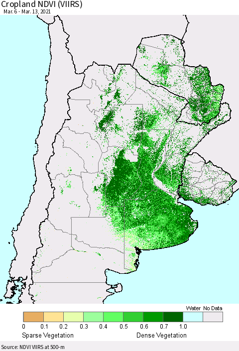 Southern South America Cropland NDVI (VIIRS) Thematic Map For 3/6/2021 - 3/13/2021