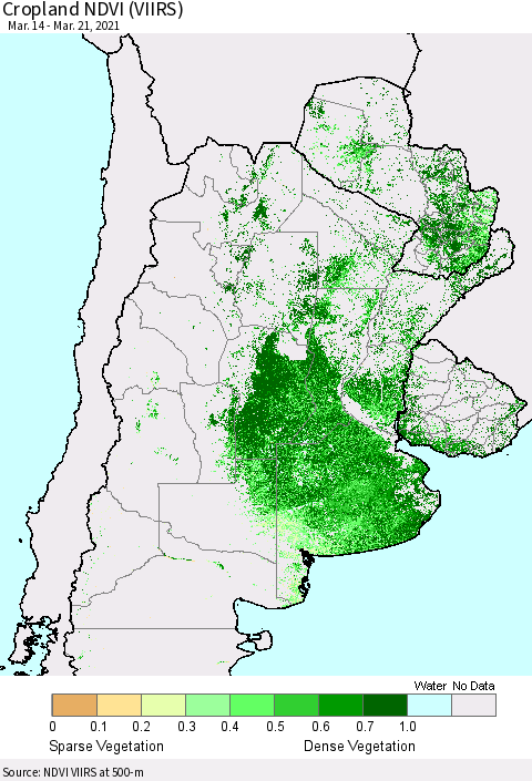 Southern South America Cropland NDVI (VIIRS) Thematic Map For 3/14/2021 - 3/21/2021