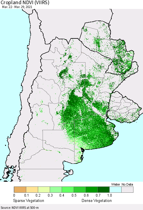 Southern South America Cropland NDVI (VIIRS) Thematic Map For 3/22/2021 - 3/29/2021