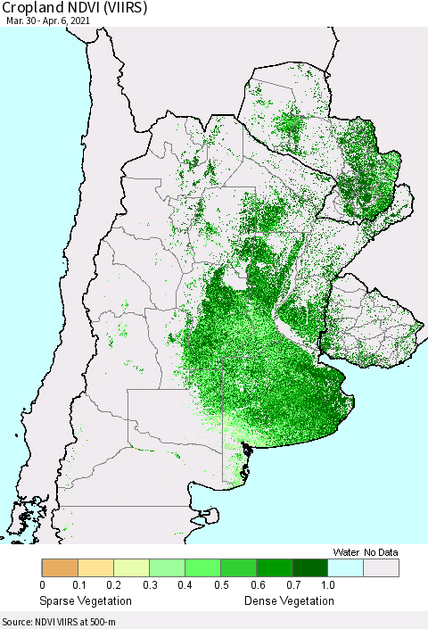 Southern South America Cropland NDVI (VIIRS) Thematic Map For 3/30/2021 - 4/6/2021