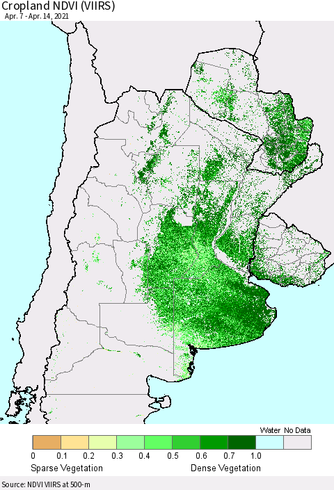Southern South America Cropland NDVI (VIIRS) Thematic Map For 4/7/2021 - 4/14/2021