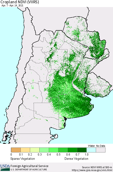 Southern South America Cropland NDVI (VIIRS) Thematic Map For 4/11/2021 - 4/20/2021