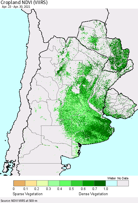 Southern South America Cropland NDVI (VIIRS) Thematic Map For 4/21/2021 - 4/30/2021