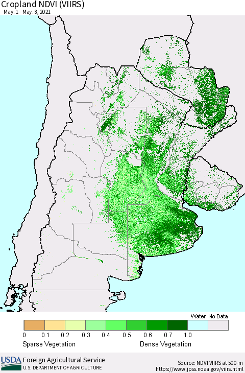 Southern South America Cropland NDVI (VIIRS) Thematic Map For 5/1/2021 - 5/10/2021