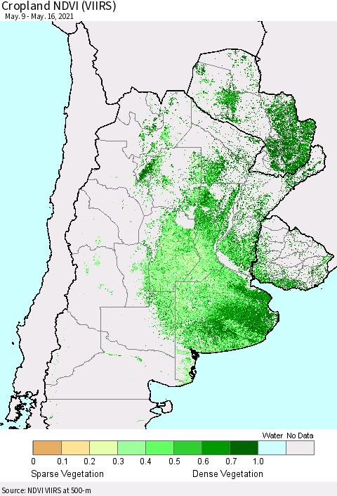 Southern South America Cropland NDVI (VIIRS) Thematic Map For 5/9/2021 - 5/16/2021