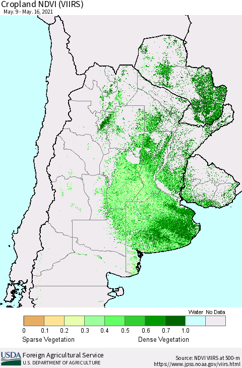 Southern South America Cropland NDVI (VIIRS) Thematic Map For 5/11/2021 - 5/20/2021