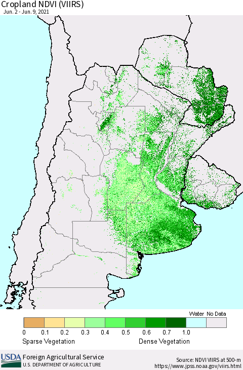 Southern South America Cropland NDVI (VIIRS) Thematic Map For 6/1/2021 - 6/10/2021