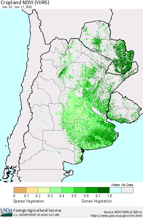 Southern South America Cropland NDVI (VIIRS) Thematic Map For 6/11/2021 - 6/20/2021