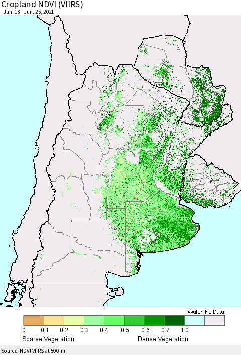 Southern South America Cropland NDVI (VIIRS) Thematic Map For 6/18/2021 - 6/25/2021