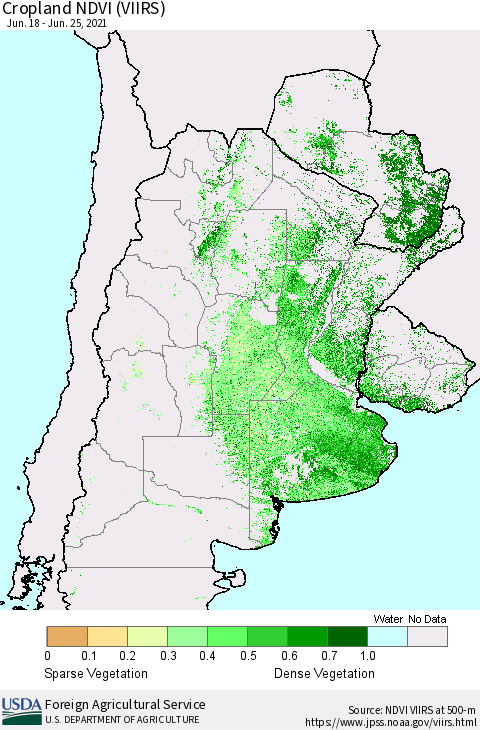 Southern South America Cropland NDVI (VIIRS) Thematic Map For 6/21/2021 - 6/30/2021