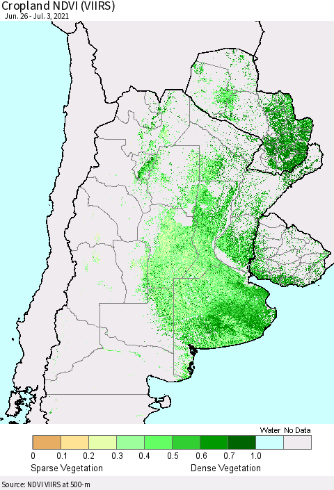 Southern South America Cropland NDVI (VIIRS) Thematic Map For 6/26/2021 - 7/3/2021